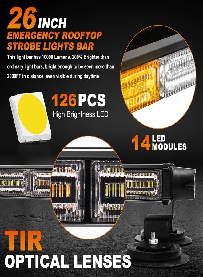 ASPL شريط إضاءة طوارئ مثبت على السطح من ASPL مقاس 26 بوصة مزود بـ 126 مصباح LED مع وحدة تحكم، ضوء تحذير مزدوج الجوانب، ضوء وامض لجرافة الثلج، ضوء أمان لمستشار حركة المرور لشاحنات العمل والمركبات وشاحنات السحب (كهرماني/أبيض). - Image 2